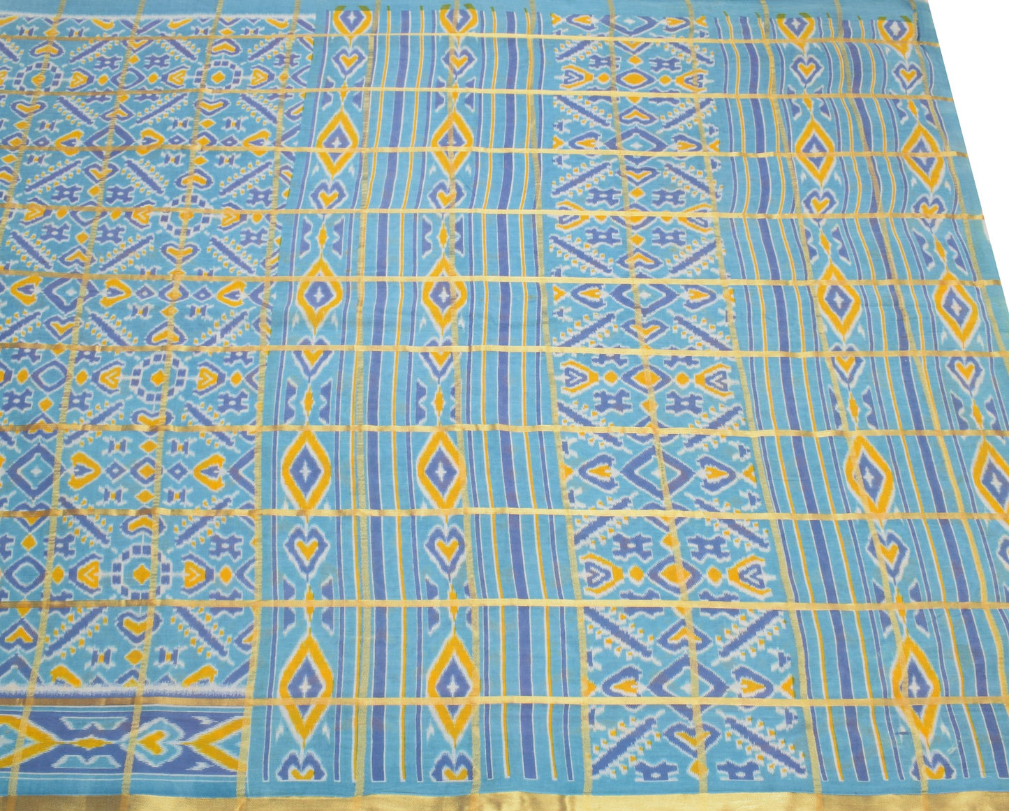 Sushila Vintage Ikat Print Saree Zari Stripes Pure Cotton Aqua Blue Soft Fabric