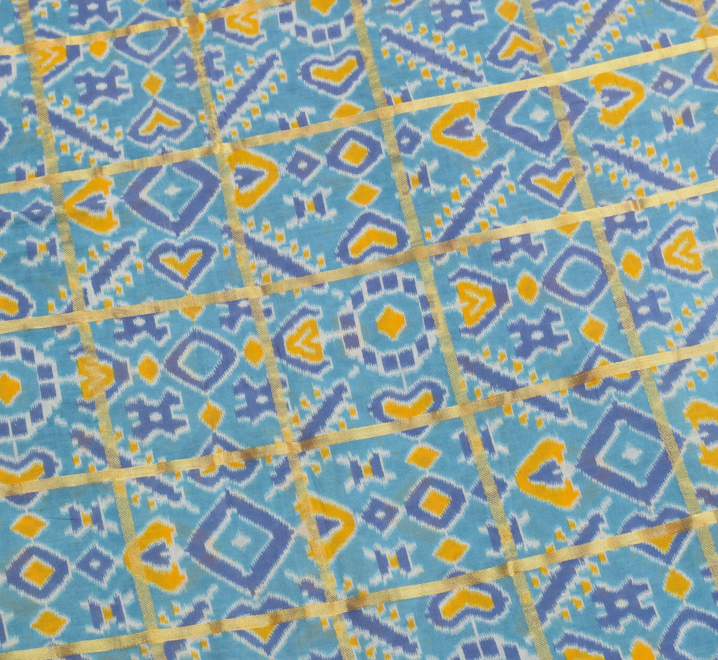 Sushila Vintage Ikat Print Saree Zari Stripes Pure Cotton Aqua Blue Soft Fabric