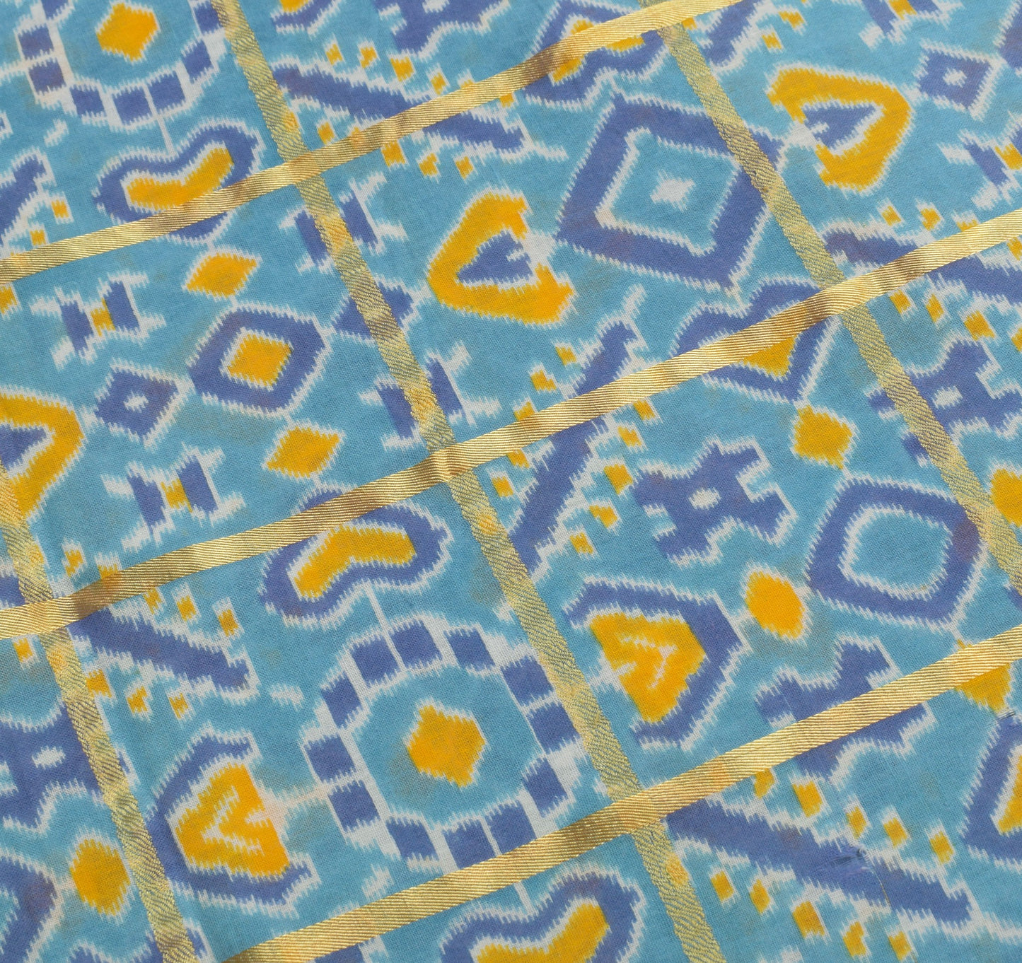 Sushila Vintage Ikat Print Saree Zari Stripes Pure Cotton Aqua Blue Soft Fabric