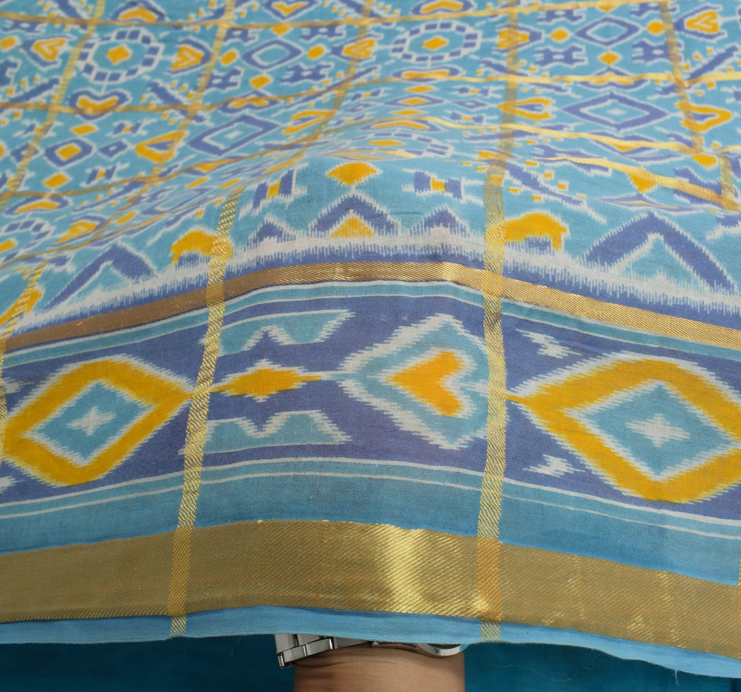 Sushila Vintage Ikat Print Saree Zari Stripes Pure Cotton Aqua Blue Soft Fabric