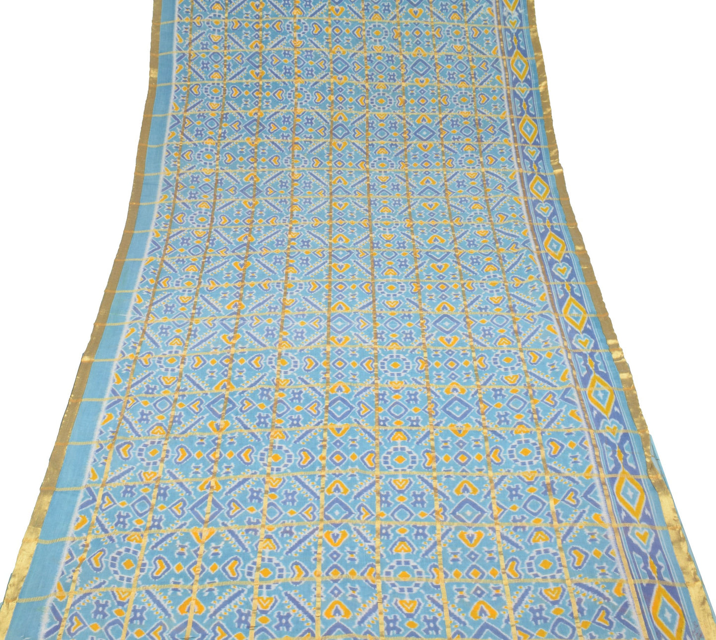 Sushila Vintage Ikat Print Saree Zari Stripes Pure Cotton Aqua Blue Soft Fabric