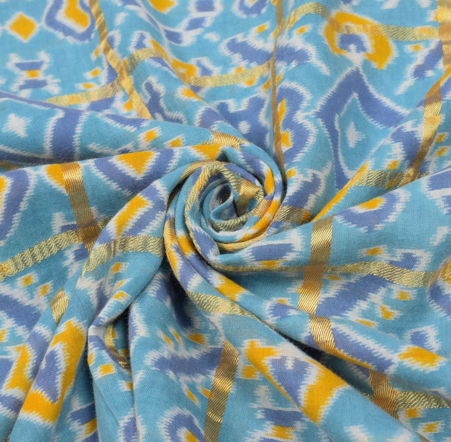 Sushila Vintage Ikat Print Saree Zari Stripes Pure Cotton Aqua Blue Soft Fabric