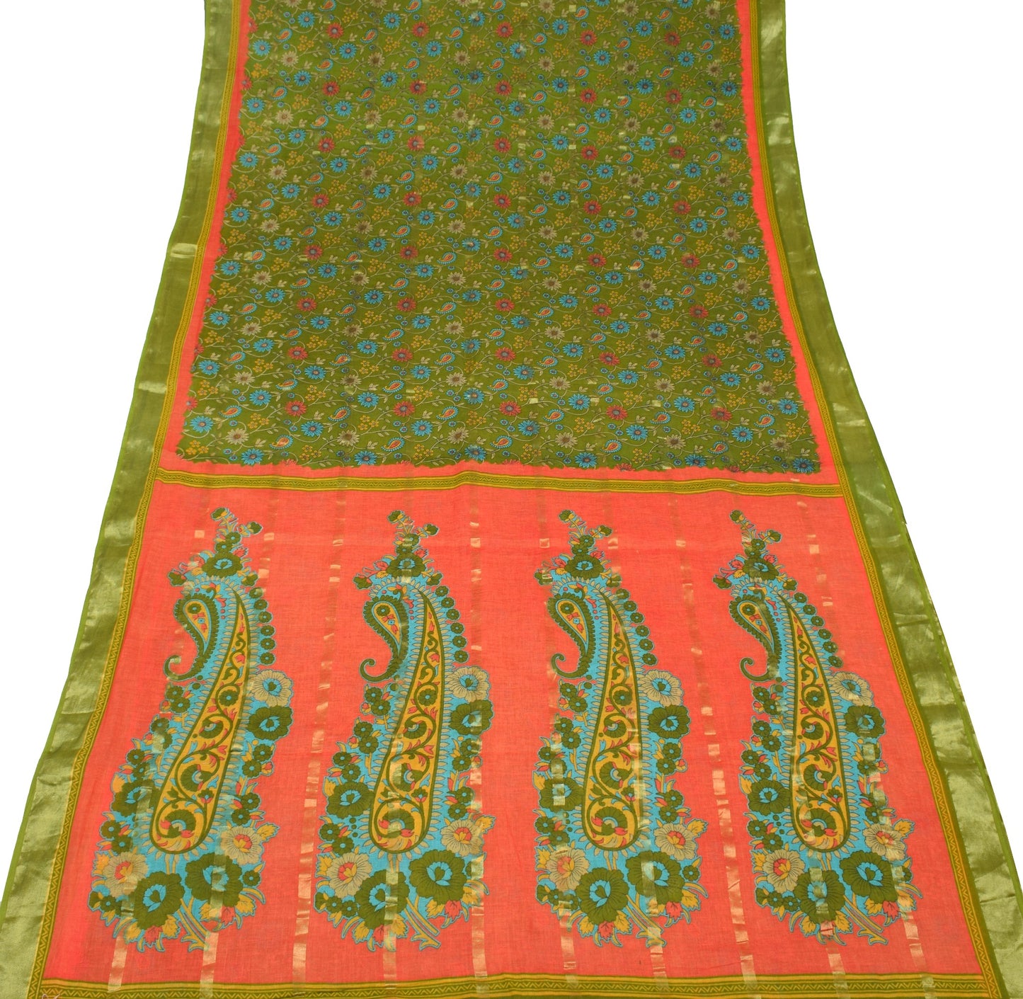 Sushila Vintage Green Orange Floral Saree 100% Pure Cotton Printed Craft Fabric