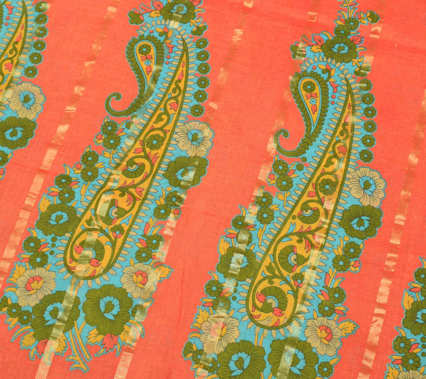 Sushila Vintage Green Orange Floral Saree 100% Pure Cotton Printed Craft Fabric