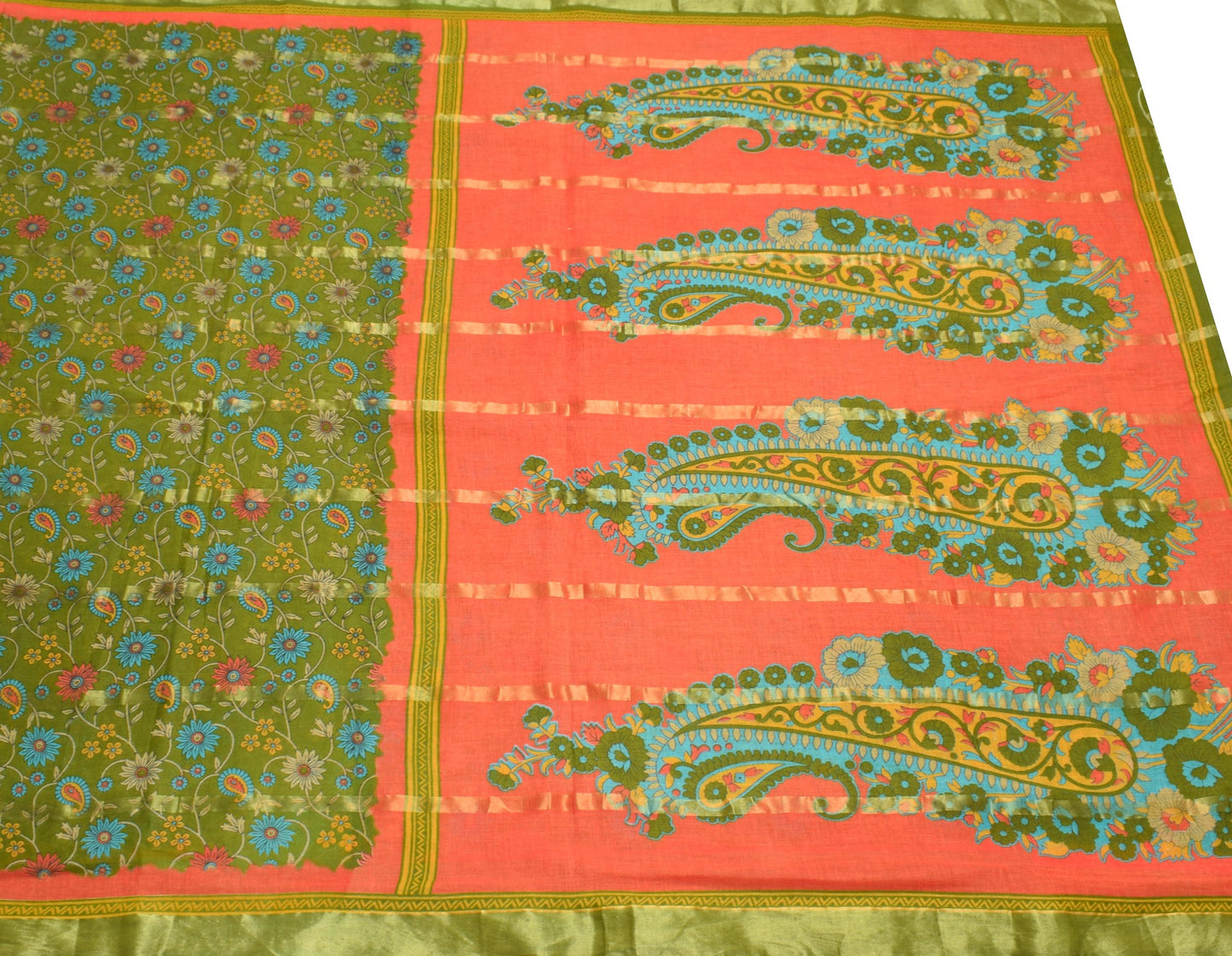 Sushila Vintage Green Orange Floral Saree 100% Pure Cotton Printed Craft Fabric