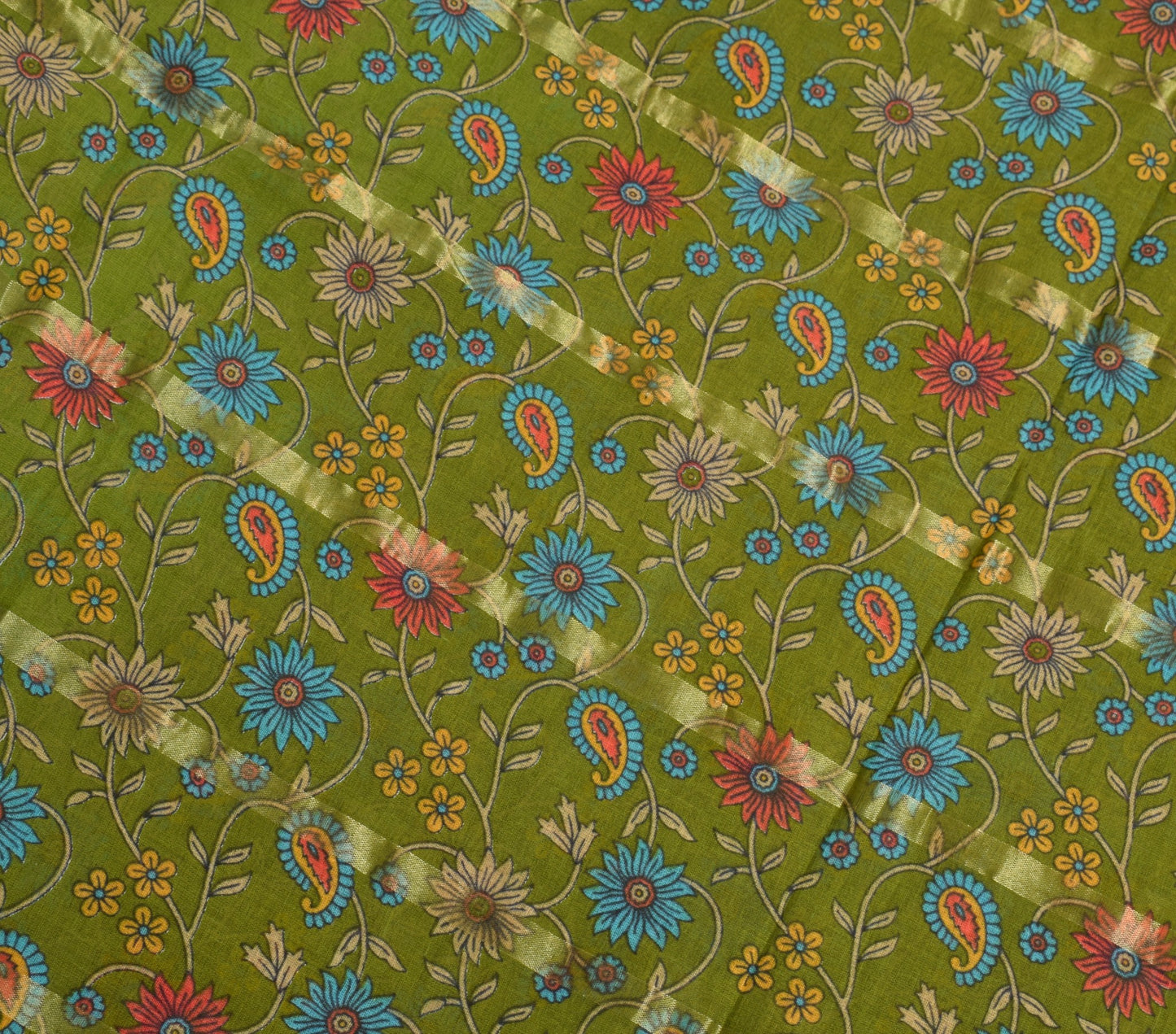 Sushila Vintage Green Orange Floral Saree 100% Pure Cotton Printed Craft Fabric