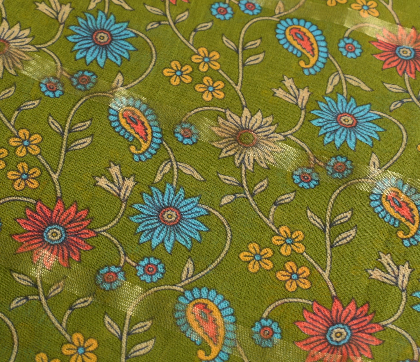 Sushila Vintage Green Orange Floral Saree 100% Pure Cotton Printed Craft Fabric