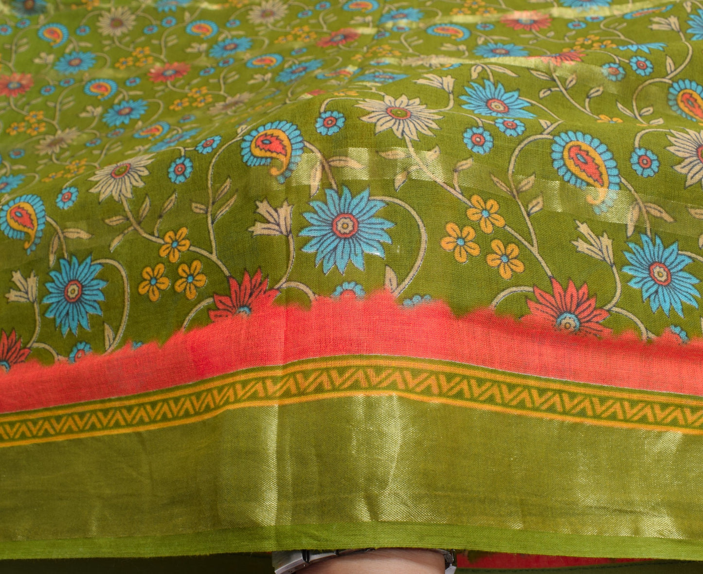 Sushila Vintage Green Orange Floral Saree 100% Pure Cotton Printed Craft Fabric