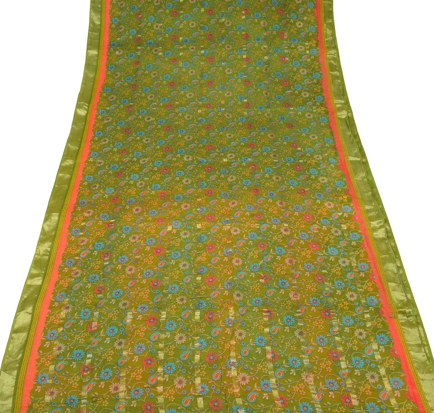Sushila Vintage Green Orange Floral Saree 100% Pure Cotton Printed Craft Fabric