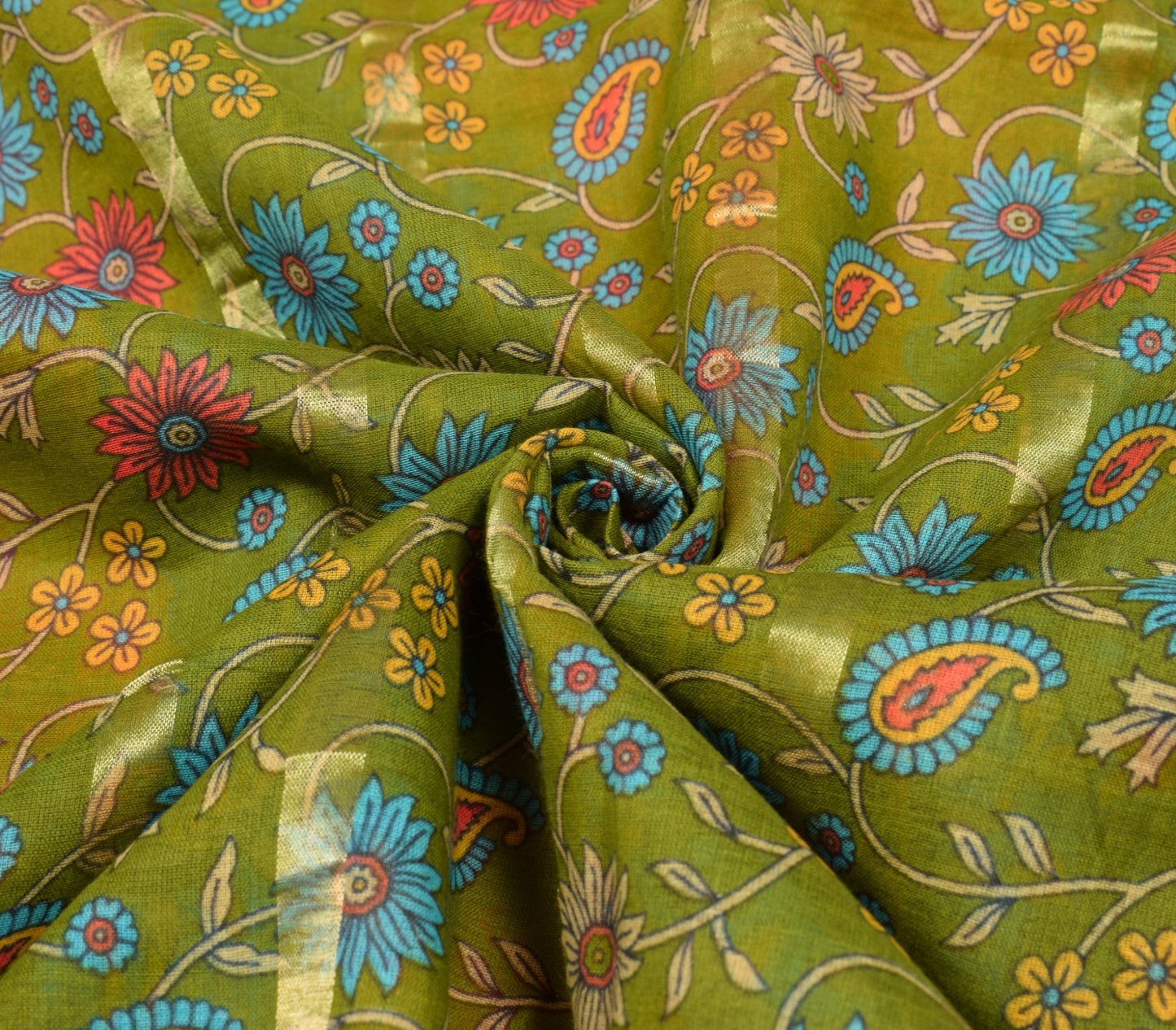 Sushila Vintage Green Orange Floral Saree 100% Pure Cotton Printed Craft Fabric