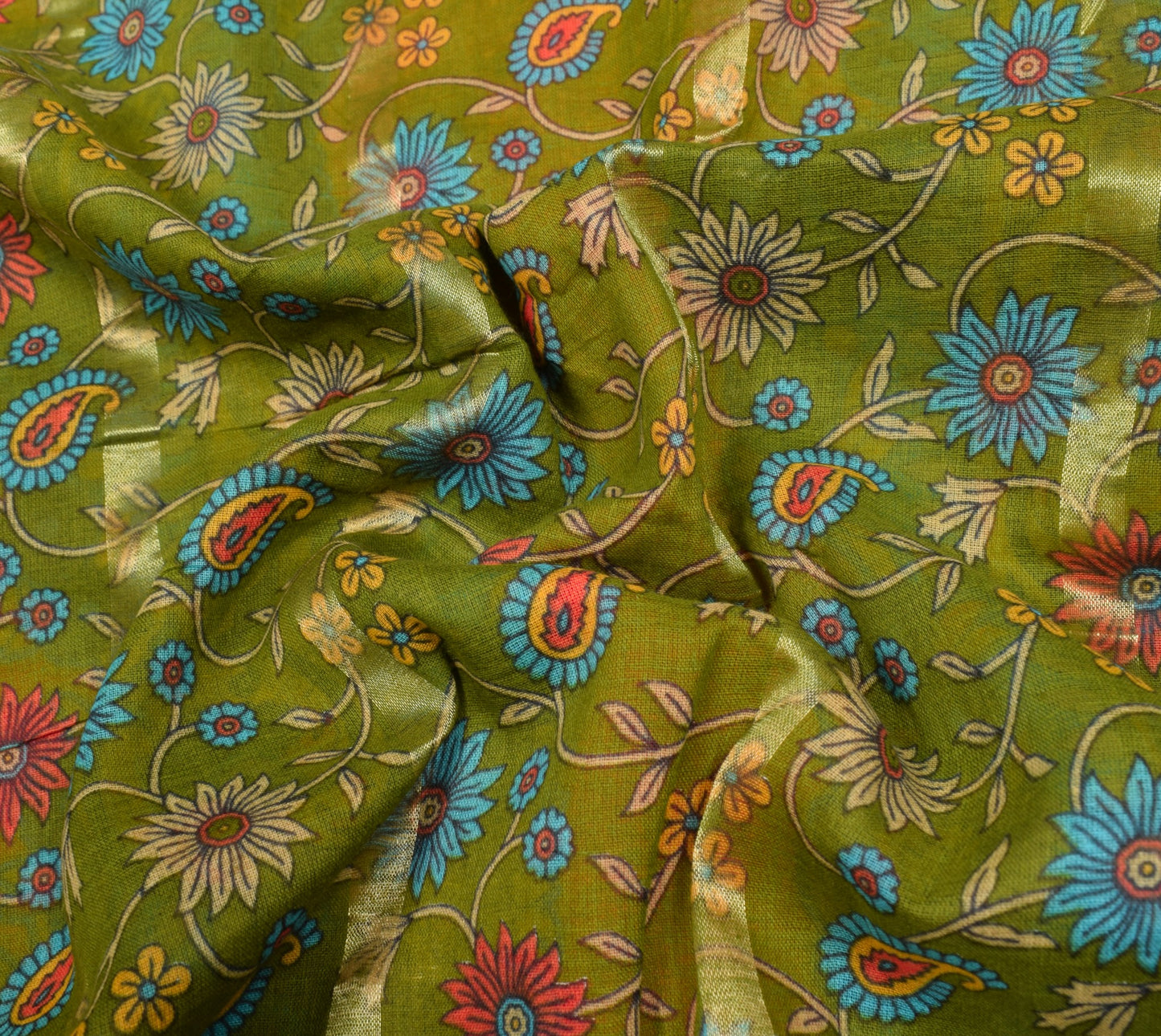 Sushila Vintage Green Orange Floral Saree 100% Pure Cotton Printed Craft Fabric