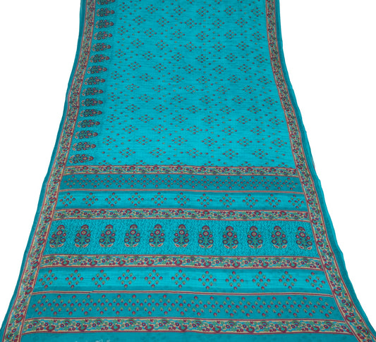 Sushila Vintage Teal Blue Saree 100%Pure Cotton Printed Floral Sari Craft Fabric