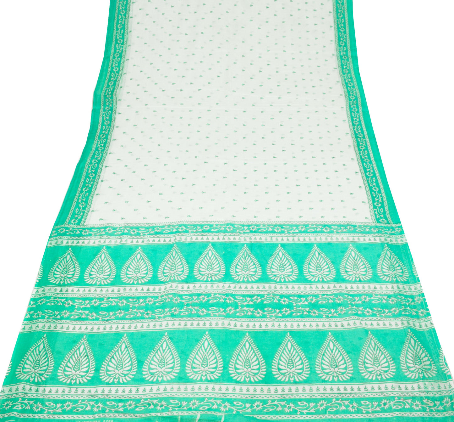 Sushila Vintage White Saree Aqua Green Pure Cotton Leaves Printed Soft Fabric