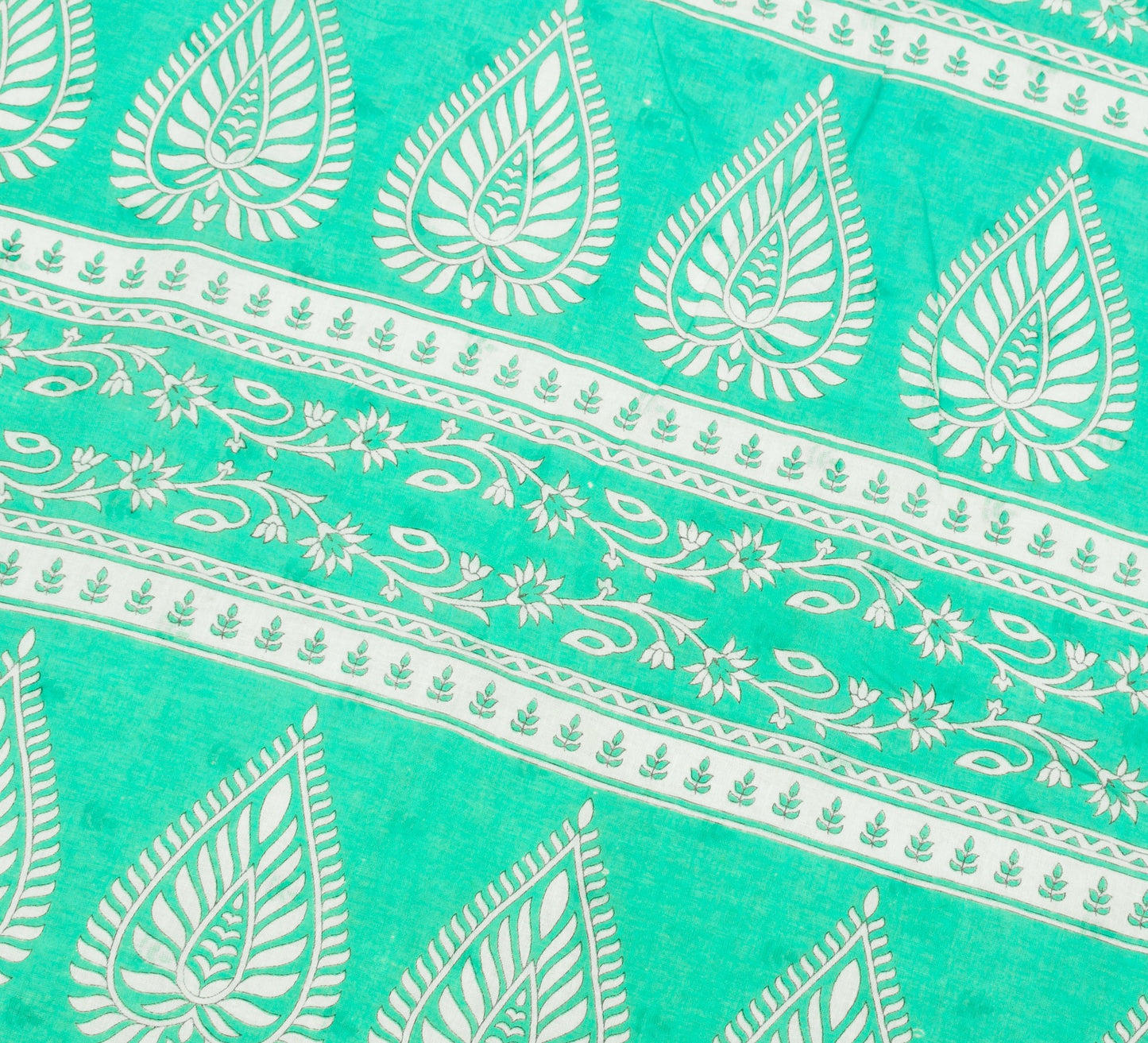 Sushila Vintage White Saree Aqua Green Pure Cotton Leaves Printed Soft Fabric