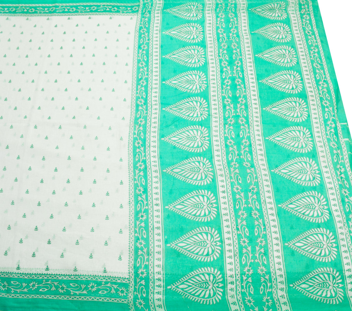 Sushila Vintage White Saree Aqua Green Pure Cotton Leaves Printed Soft Fabric