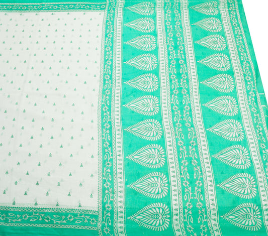 Sushila Vintage White Saree Aqua Green Pure Cotton Leaves Printed Soft Fabric
