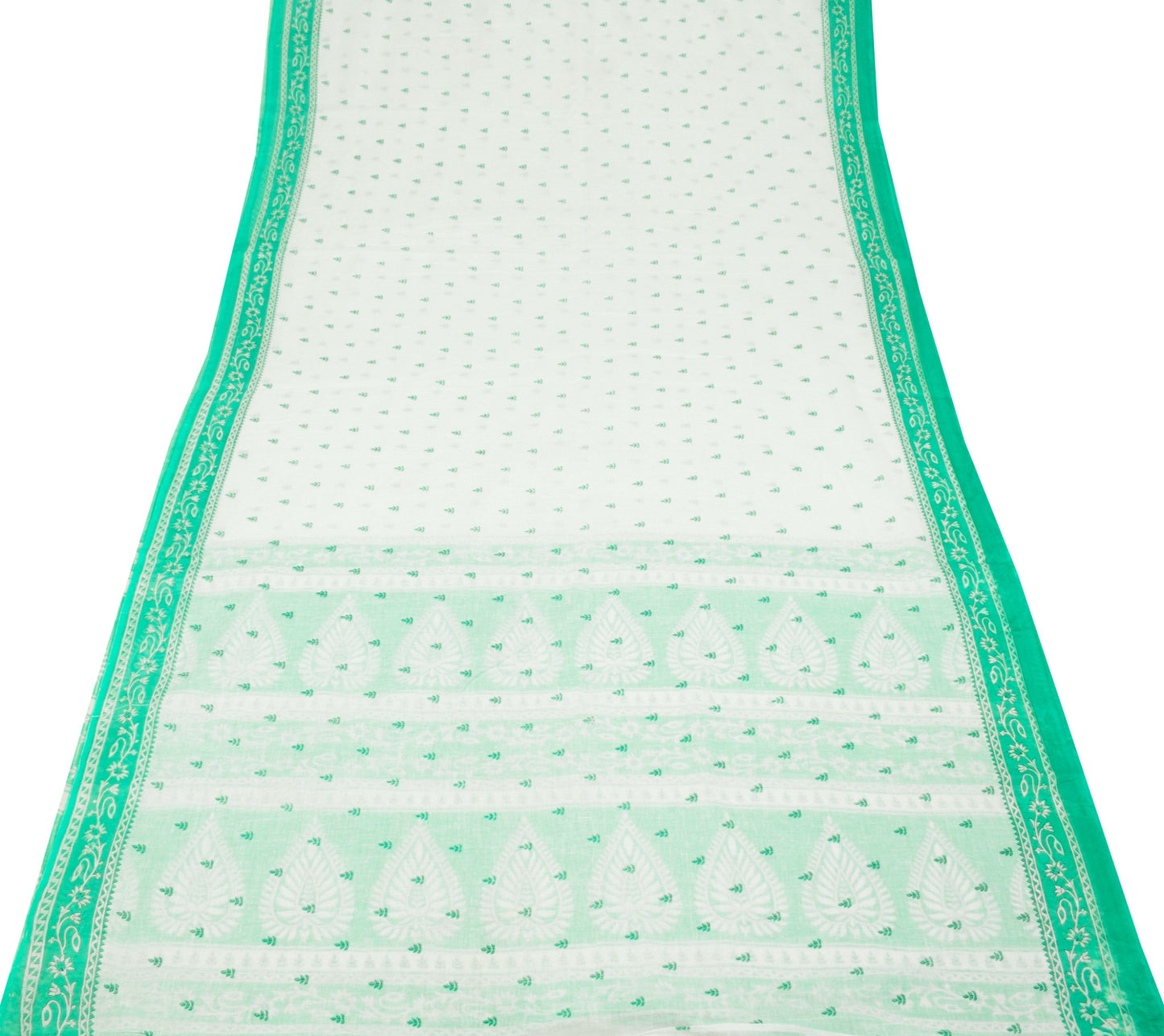 Sushila Vintage White Saree Aqua Green Pure Cotton Leaves Printed Soft Fabric