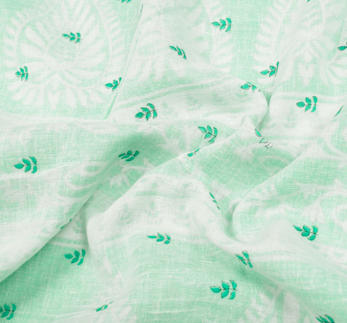 Sushila Vintage White Saree Aqua Green Pure Cotton Leaves Printed Soft Fabric
