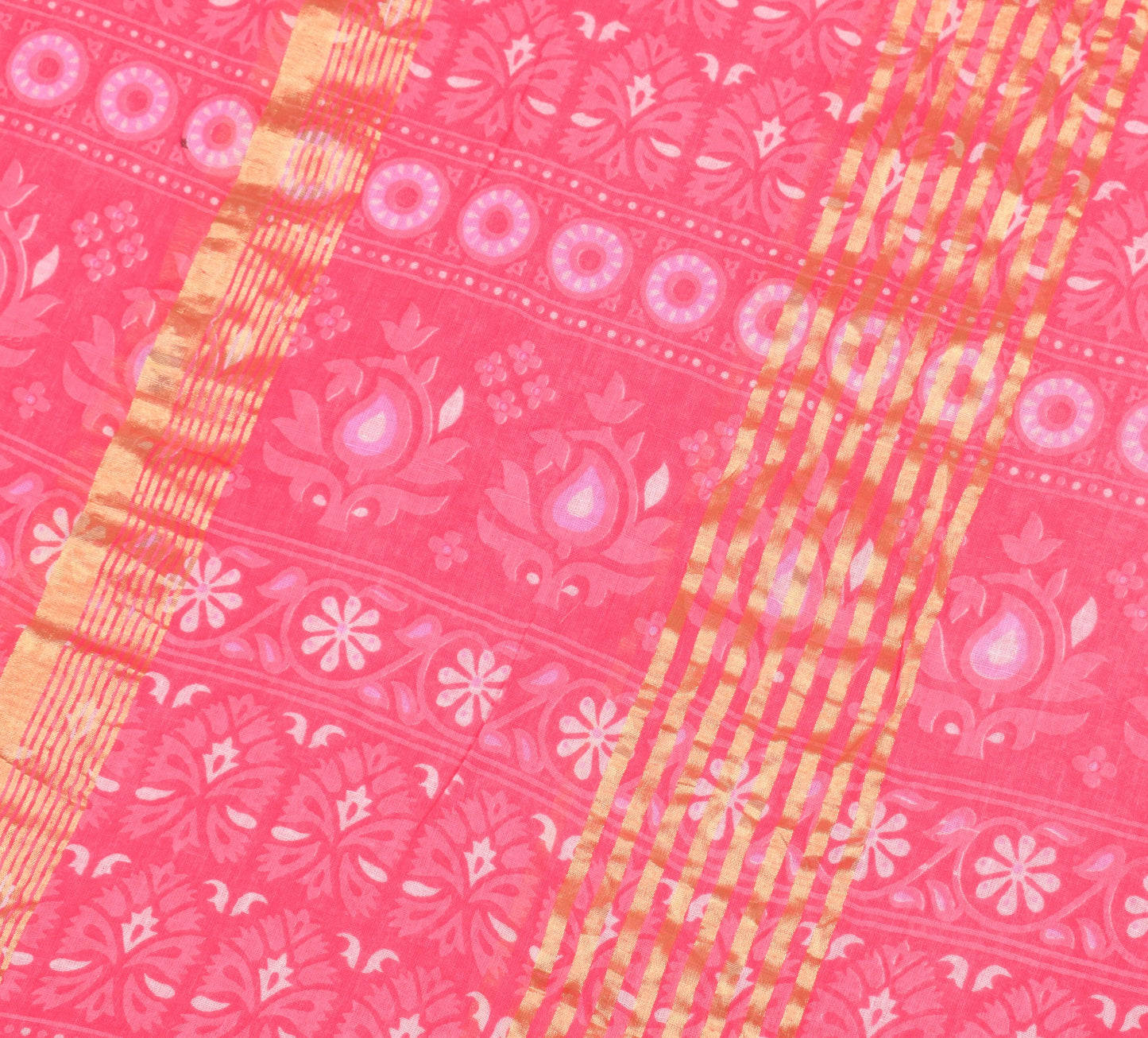 Sushila Vintage Pink Saree Pure Cotton Printed & Zari Woven Soft Craft Fabric