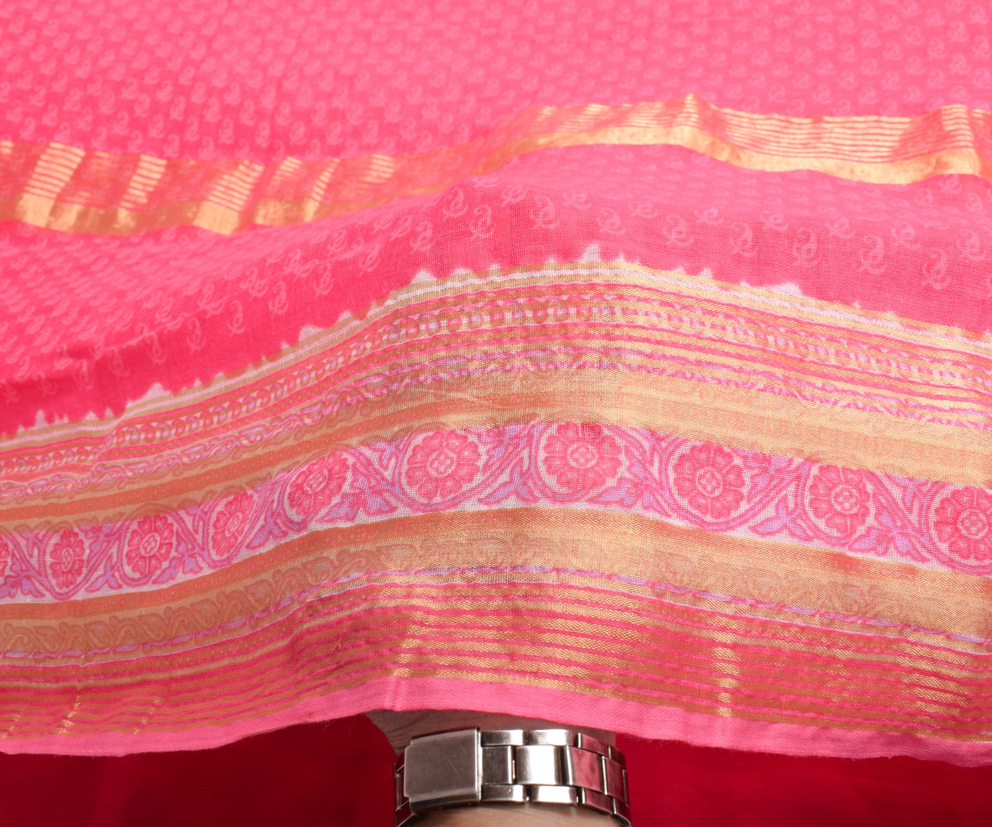 Sushila Vintage Pink Saree Pure Cotton Printed & Zari Woven Soft Craft Fabric