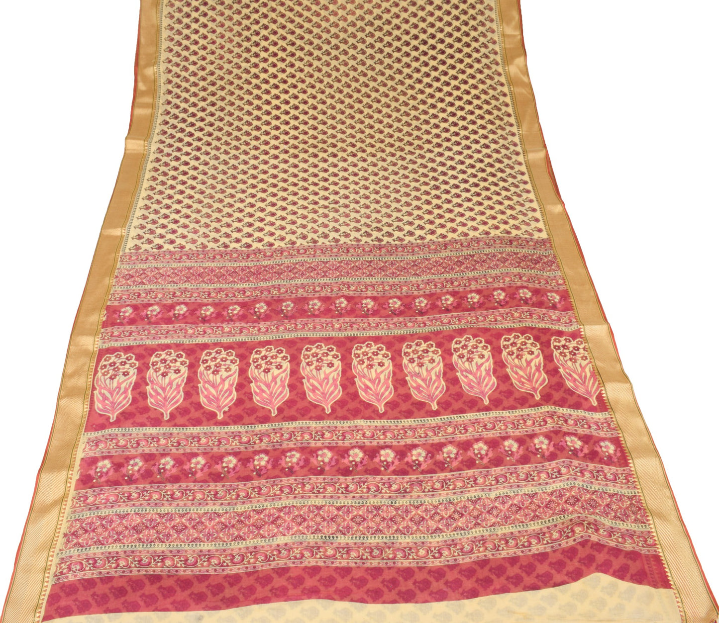 Sushila Vintage Floral Cream Saree with Border Pure Cotton Printed Soft Fabric