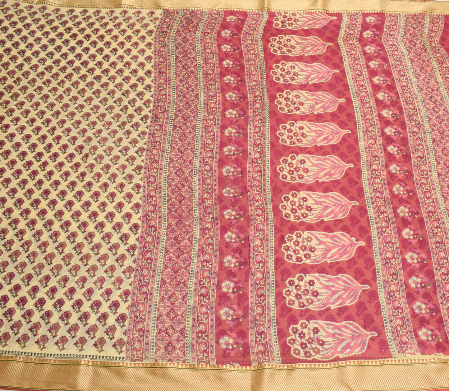 Sushila Vintage Floral Cream Saree with Border Pure Cotton Printed Soft Fabric