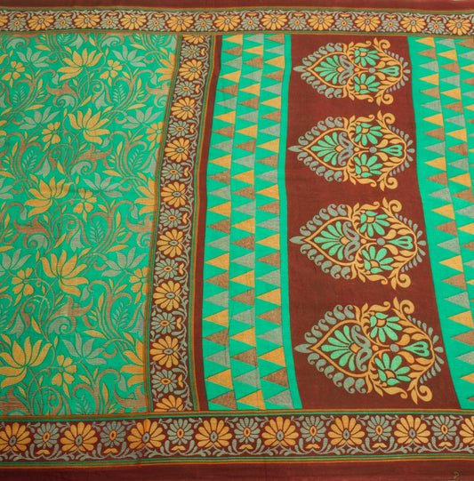 Sushila Vintage Green Saree 100% Pure Cotton Printed Floral Soft Craft Fabric