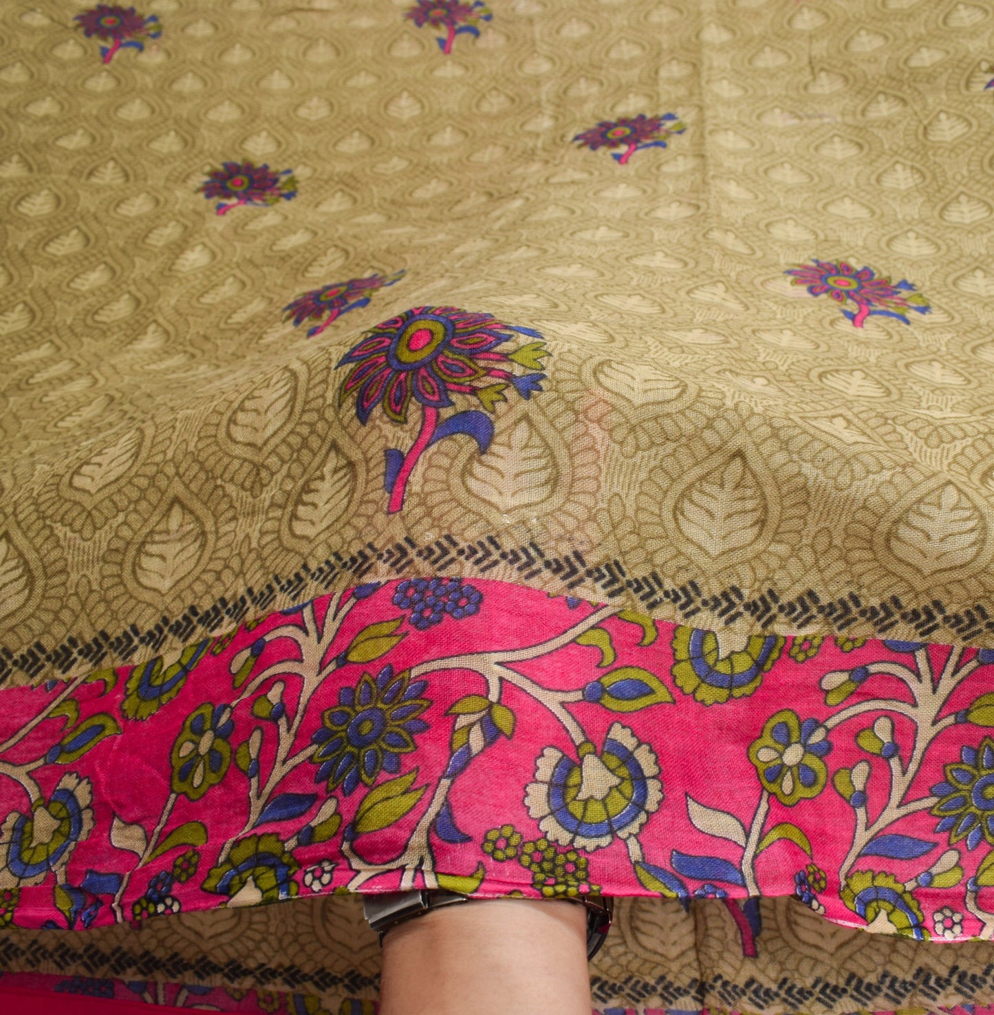 Sushila Vintage Brown Magenta Saree 100% Pure Cotton Printed Floral Craft Fabric
