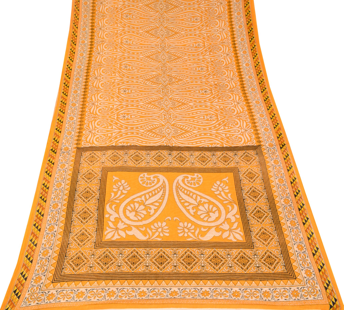 Sushila Vintage 100% Pure Cotton Saree Yellow Floral Printed Soft Craft Fabric