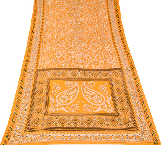 Sushila Vintage 100% Pure Cotton Saree Yellow Floral Printed Soft Craft Fabric