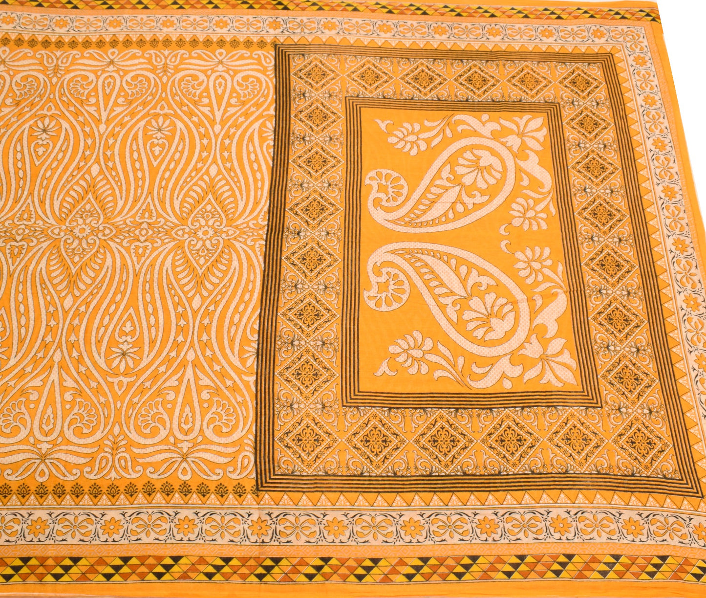 Sushila Vintage 100% Pure Cotton Saree Yellow Floral Printed Soft Craft Fabric