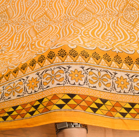Sushila Vintage 100% Pure Cotton Saree Yellow Floral Printed Soft Craft Fabric