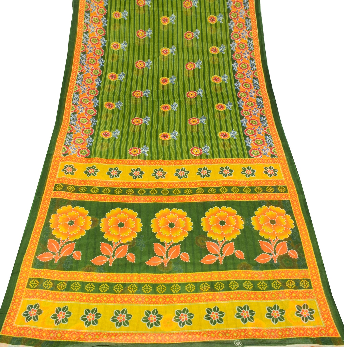 Sushila Vintage Floral Green Saree 100% Pure Cotton Printed Soft Craft Fabric