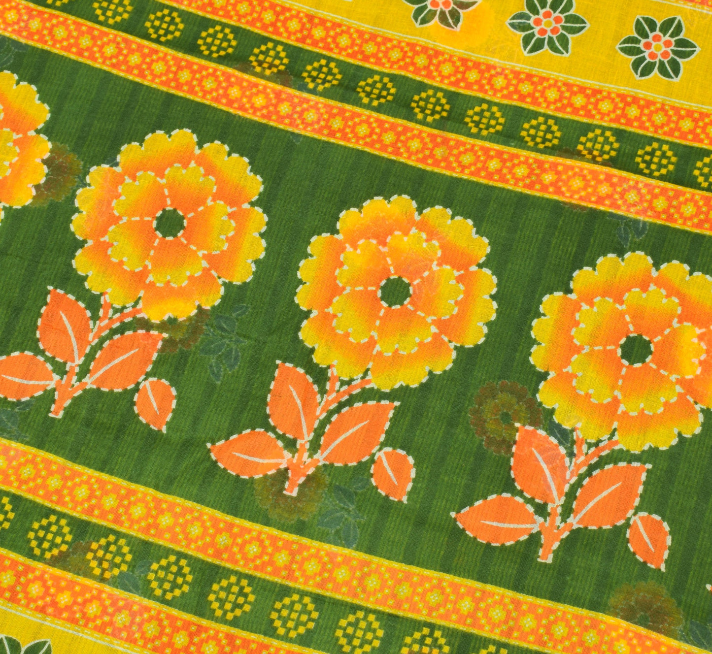 Sushila Vintage Floral Green Saree 100% Pure Cotton Printed Soft Craft Fabric