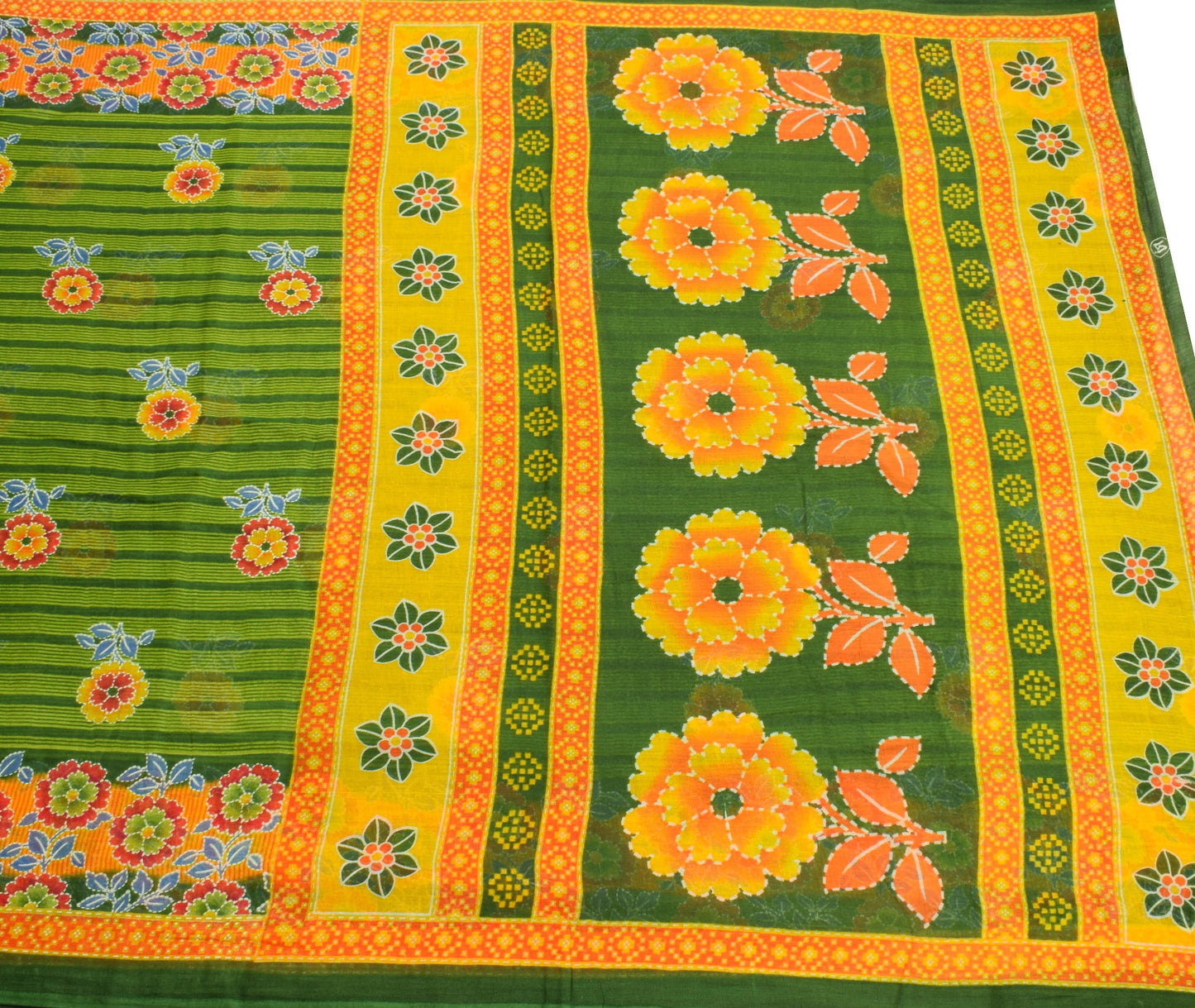 Sushila Vintage Floral Green Saree 100% Pure Cotton Printed Soft Craft Fabric