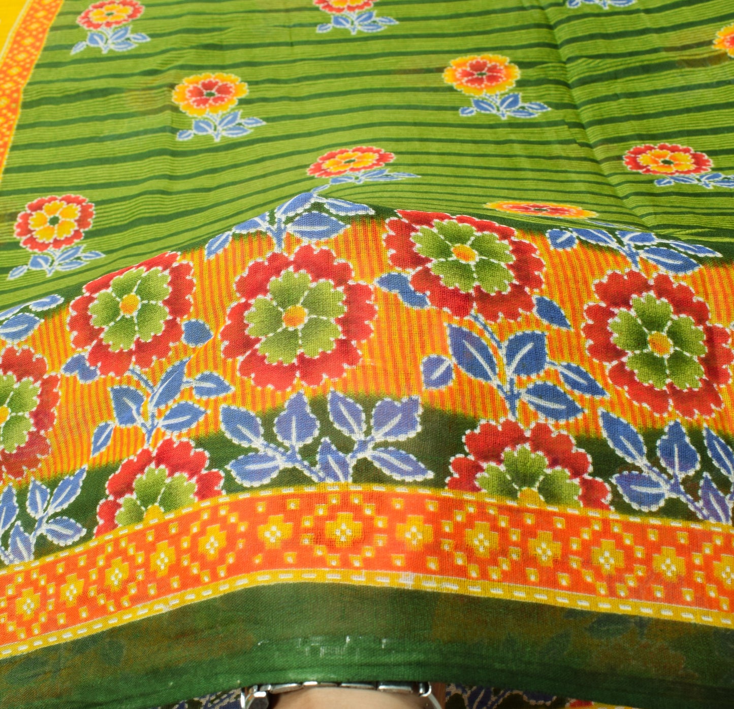 Sushila Vintage Floral Green Saree 100% Pure Cotton Printed Soft Craft Fabric