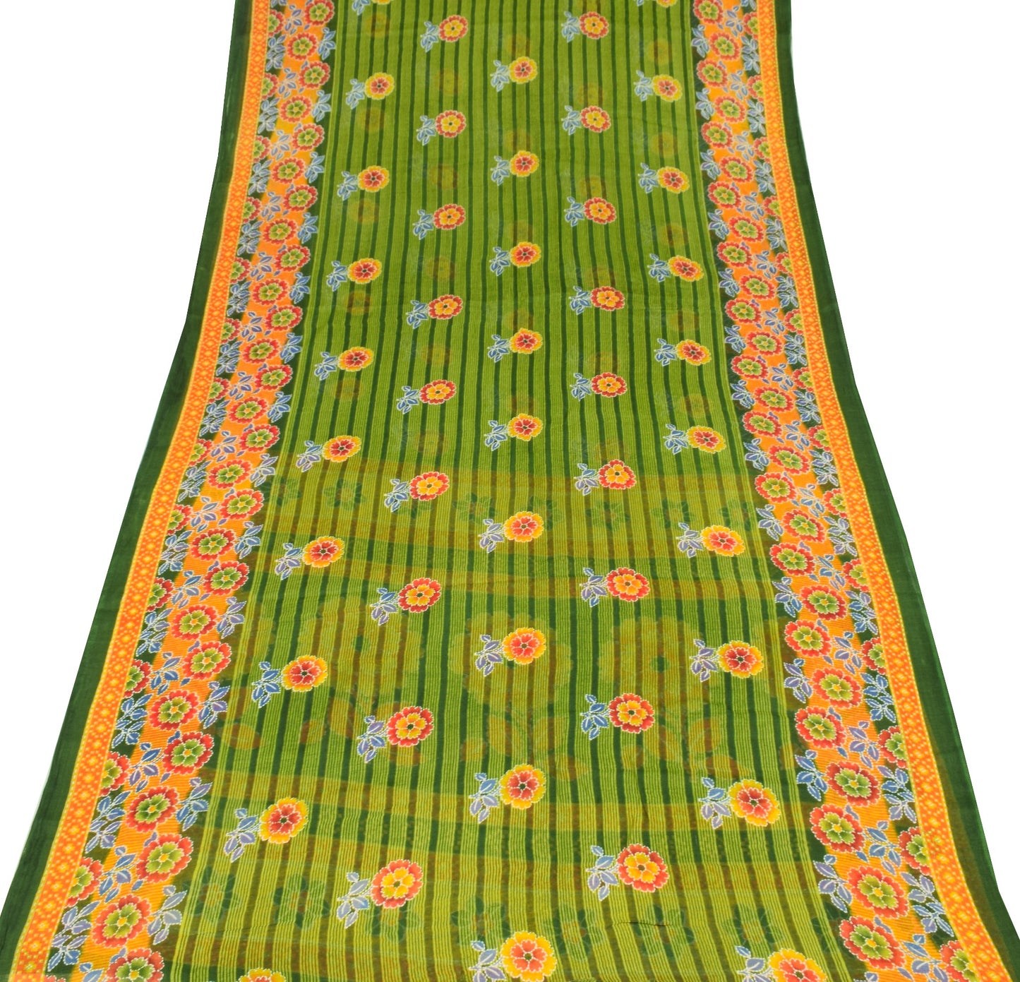 Sushila Vintage Floral Green Saree 100% Pure Cotton Printed Soft Craft Fabric