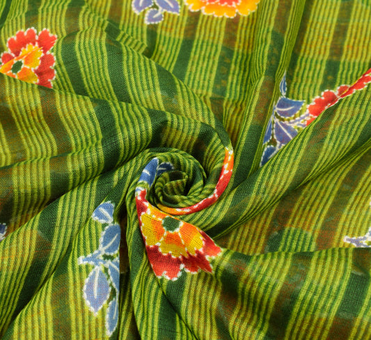 Sushila Vintage Floral Green Saree 100% Pure Cotton Printed Soft Craft Fabric