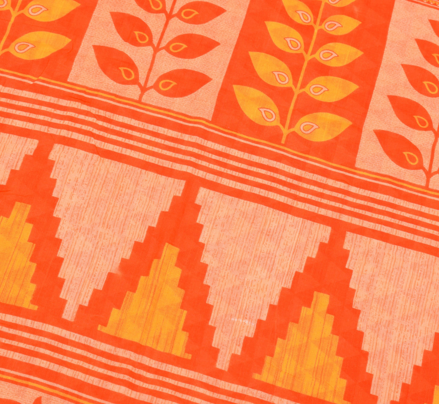 Sushila Vintage Orange Saree Geometrical Pure Cotton Printed Soft Craft Fabric