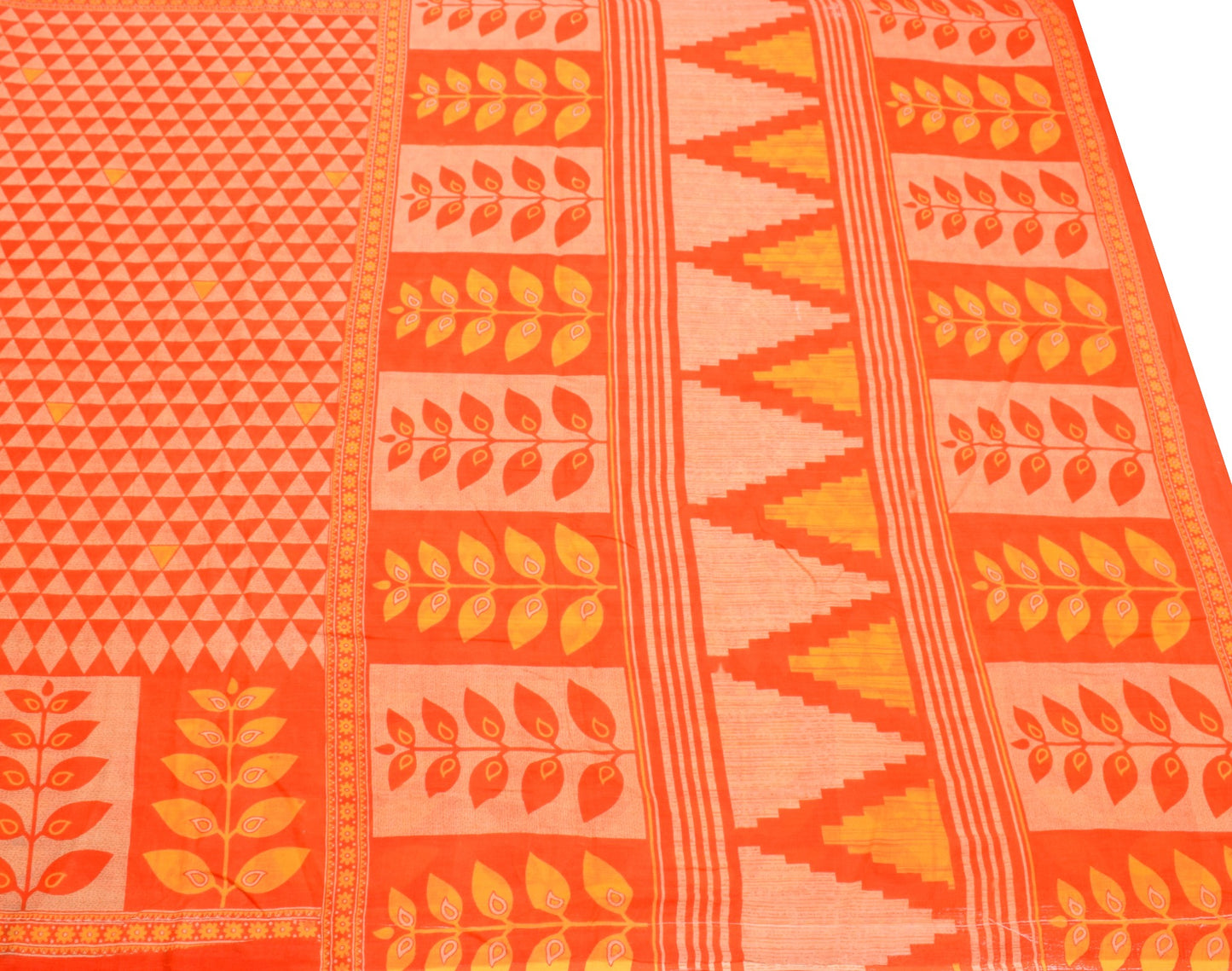 Sushila Vintage Orange Saree Geometrical Pure Cotton Printed Soft Craft Fabric