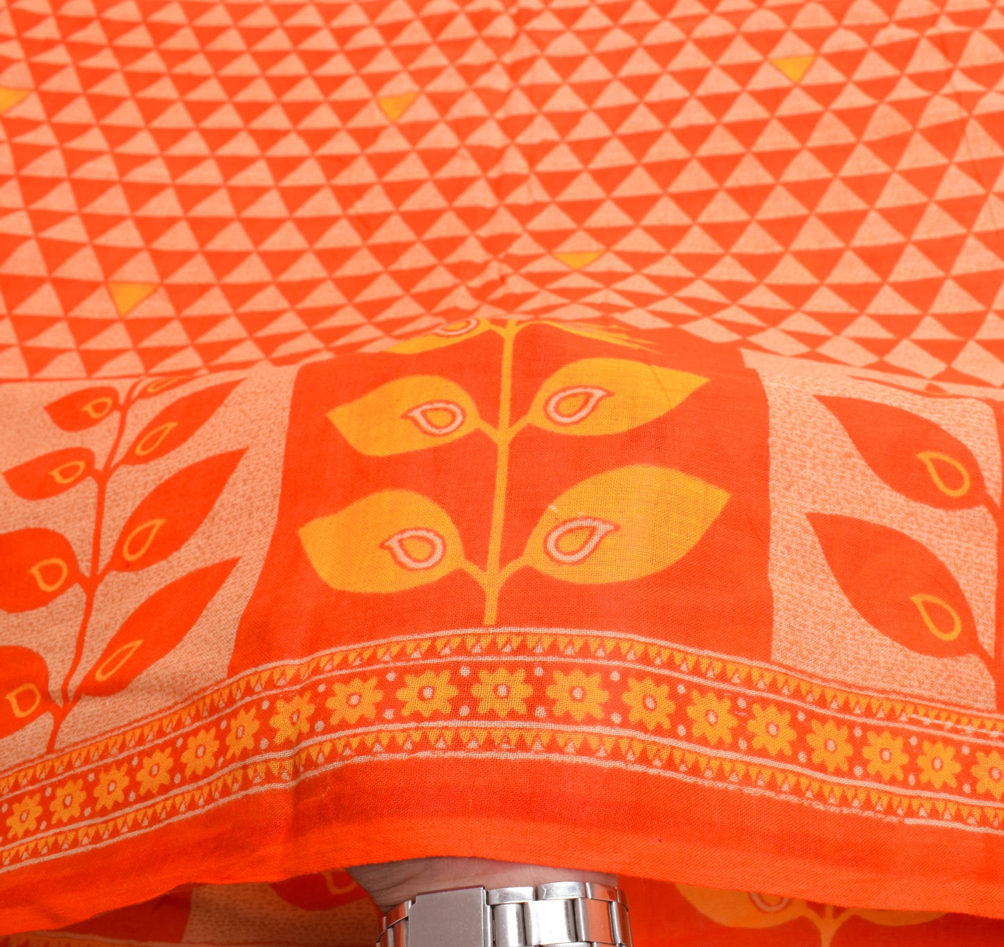 Sushila Vintage Orange Saree Geometrical Pure Cotton Printed Soft Craft Fabric