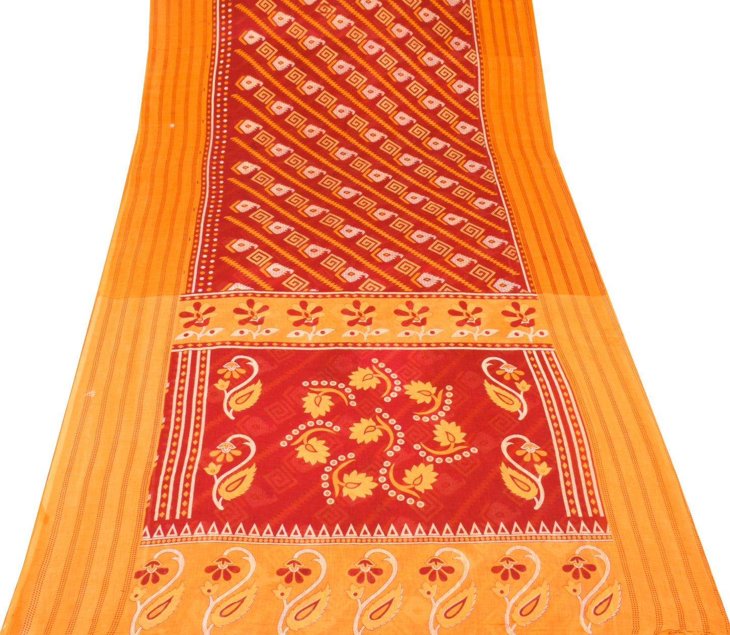Sushila Vintage Red Orange Saree 100% Pure Cotton Printed Sari Soft Craft Fabric