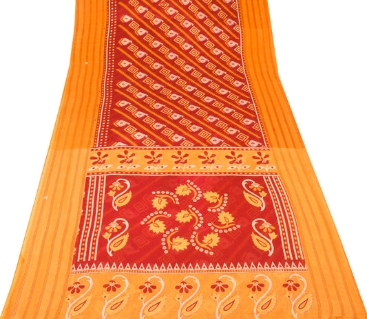 Sushila Vintage Red Orange Saree 100% Pure Cotton Printed Sari Soft Craft Fabric