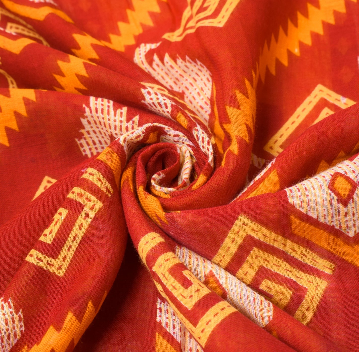 Sushila Vintage Red Orange Saree 100% Pure Cotton Printed Sari Soft Craft Fabric