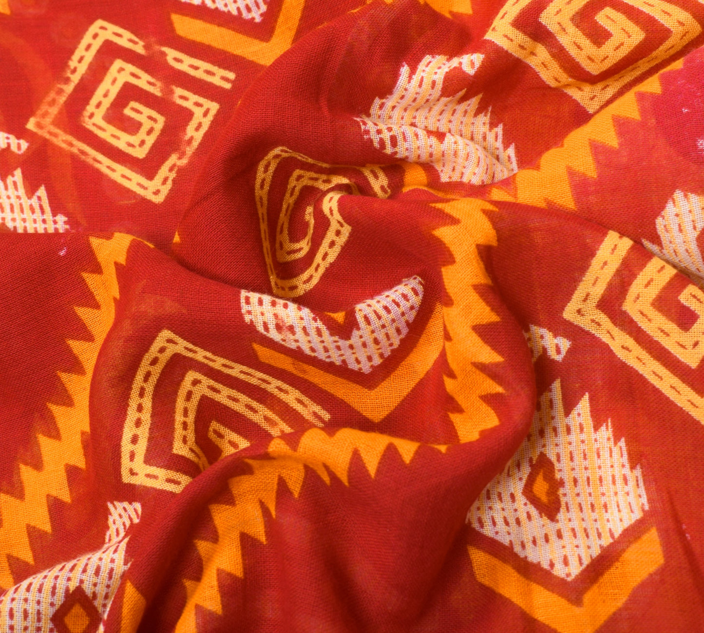 Sushila Vintage Red Orange Saree 100% Pure Cotton Printed Sari Soft Craft Fabric