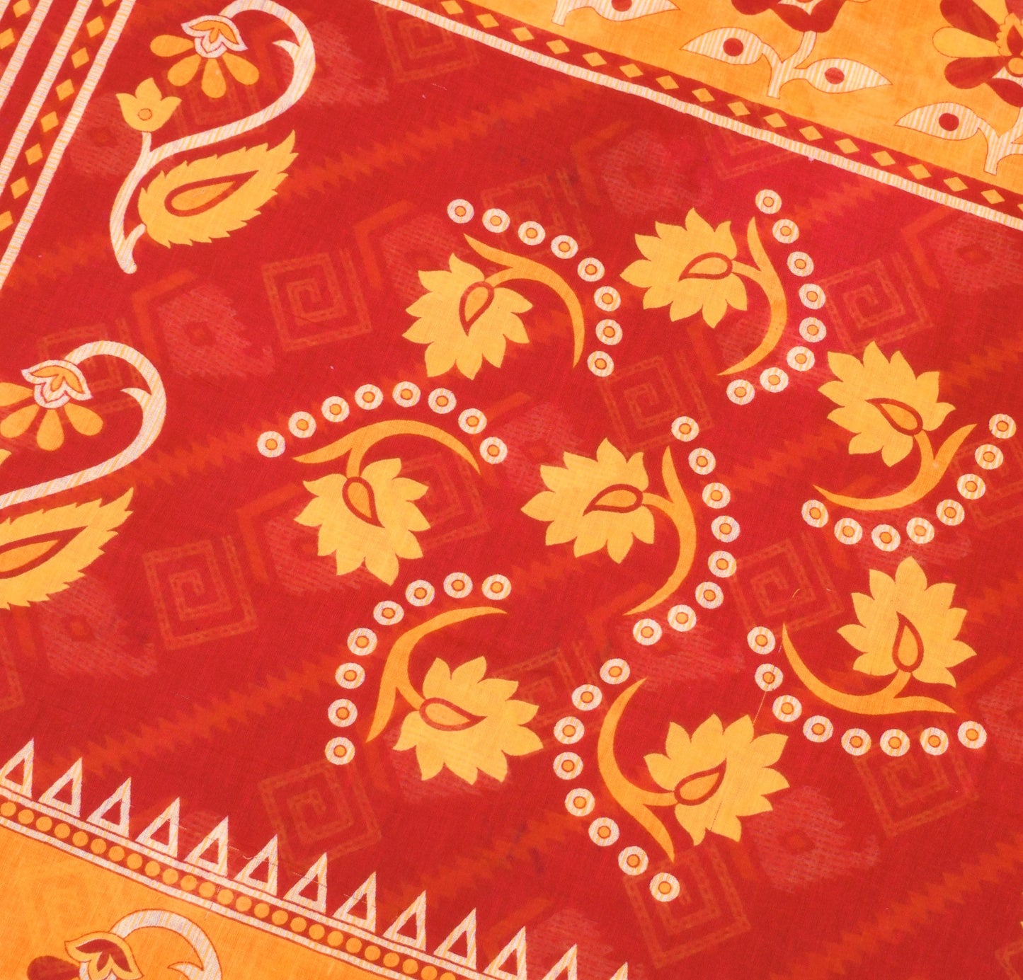 Sushila Vintage Red Orange Saree 100% Pure Cotton Printed Sari Soft Craft Fabric