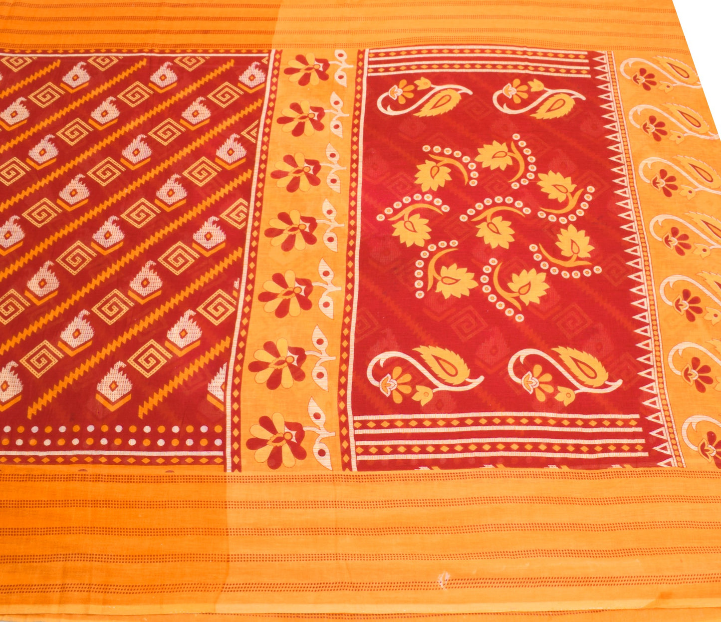 Sushila Vintage Red Orange Saree 100% Pure Cotton Printed Sari Soft Craft Fabric
