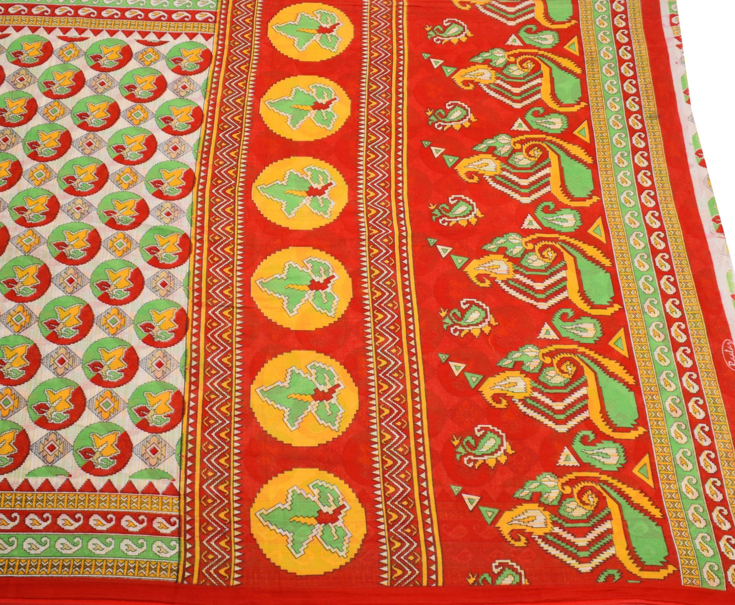 Sushila Vintage White Saree 100% Pure Cotton Printed Geometric Soft Craft Fabric