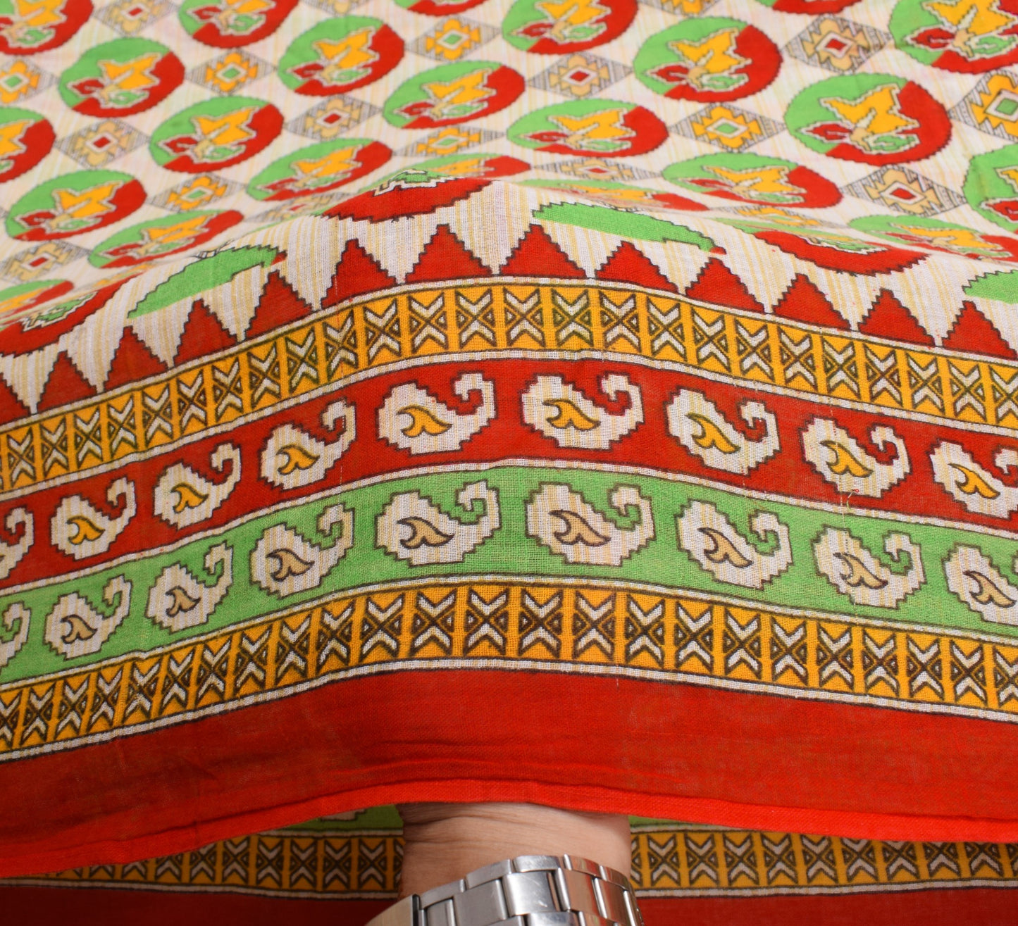 Sushila Vintage White Saree 100% Pure Cotton Printed Geometric Soft Craft Fabric