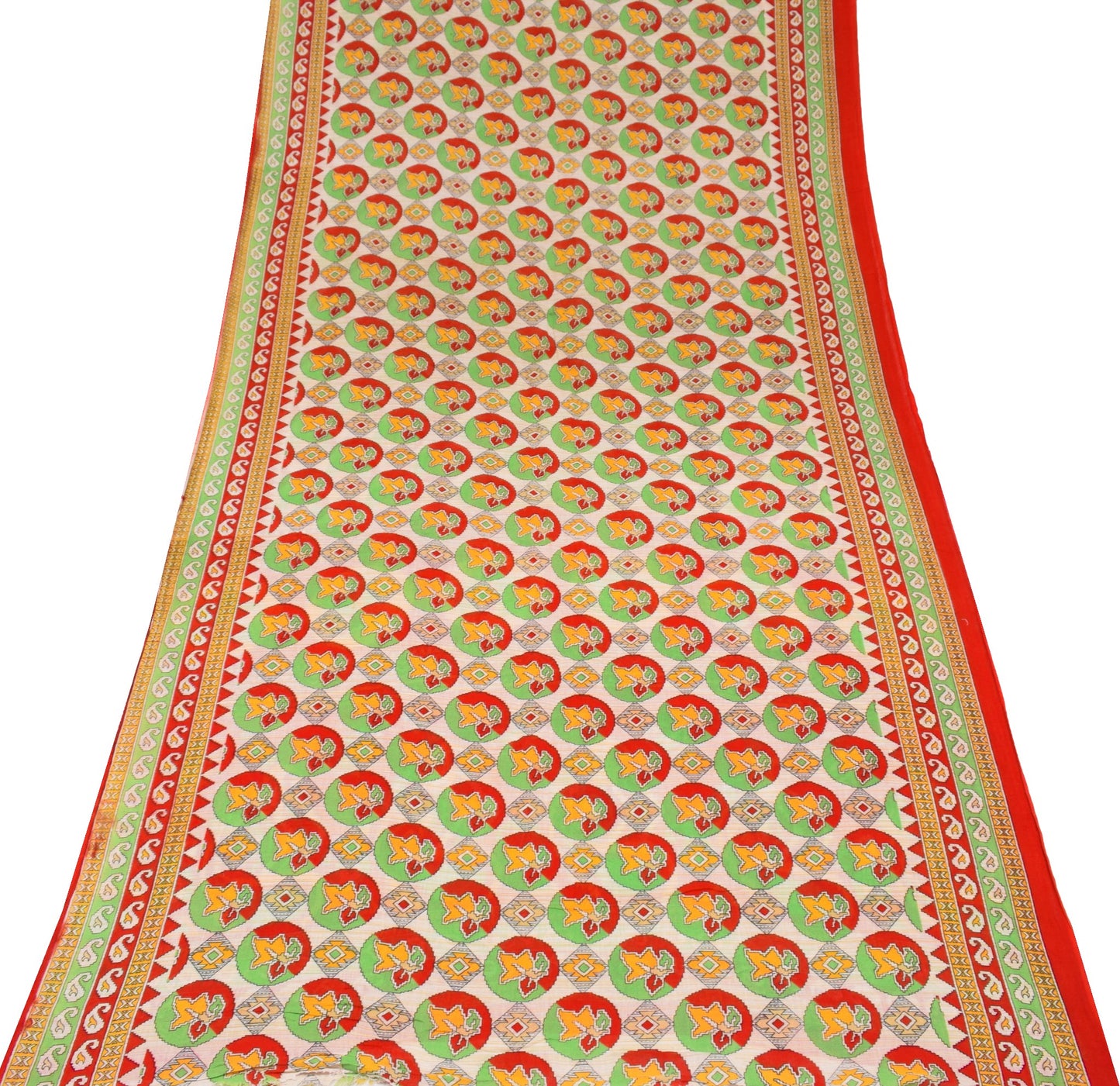 Sushila Vintage White Saree 100% Pure Cotton Printed Geometric Soft Craft Fabric